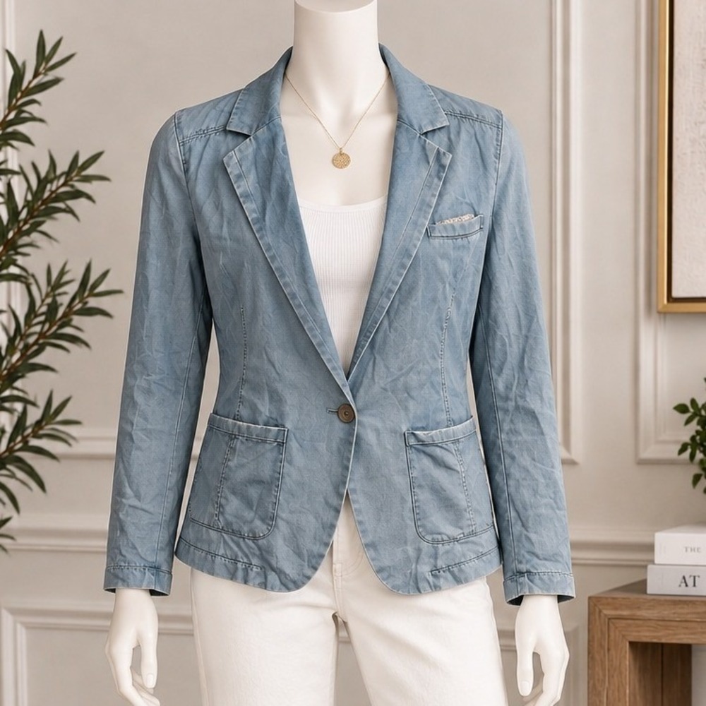 Anthropologie Pilcro Chambray Blazer Jacket Blue Lightweight Size XS